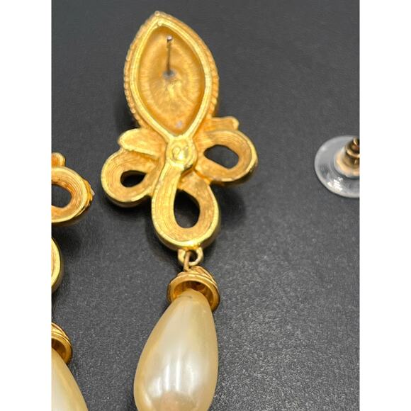 Swarovski Swan Vintage Crystal Teardrop Faux Pearl Gold Plated Dangle Earrings - Picture 8 of 8